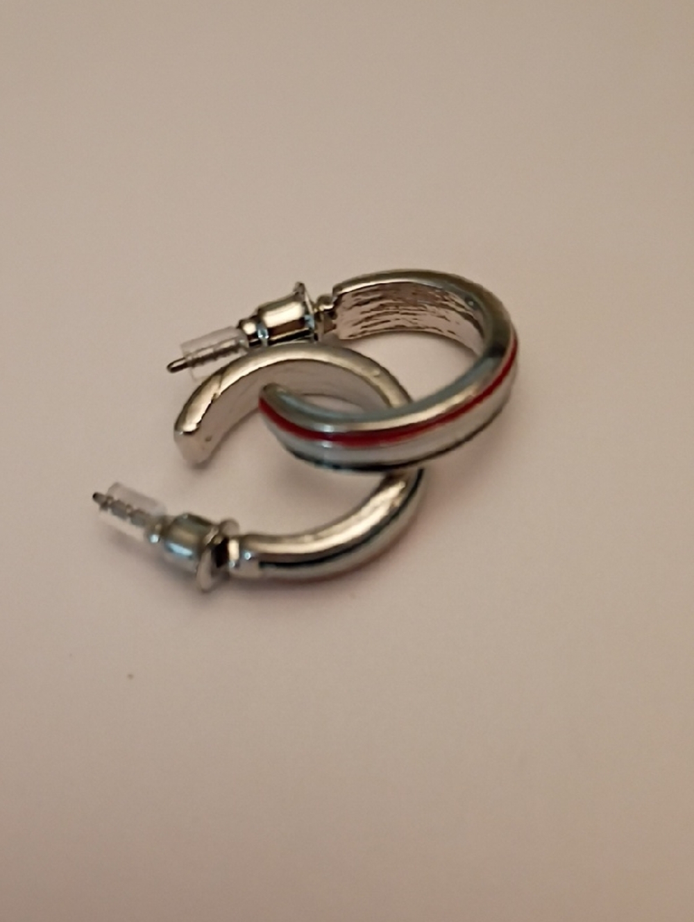 Silver Hoop Earrings with Red Accent Stripe